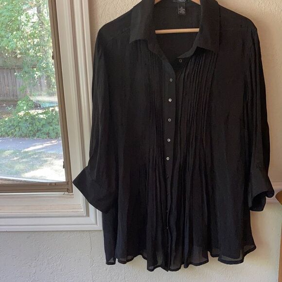 ALFAN WOMAN 1X Black Sheer Button Down Blouse - Picture 1 of 10